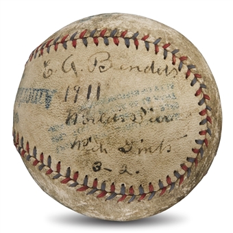 Historic 1911 Chief Bender Single Signed and Game Used World Series Baseball (Game 3 Oct. 17th 1911) (MEARS and JSA LOAs)